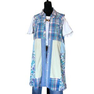 Patchwork Duster, Size L-XL: Upcycled Boho Sleeveless Floral Button-Down Dress
